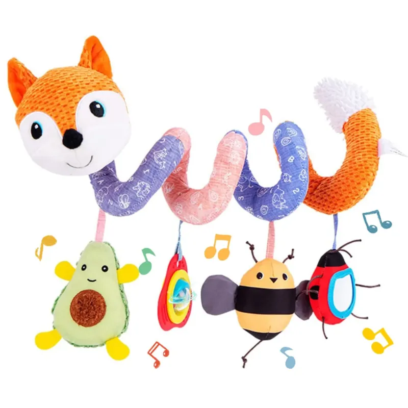 Car seat toy, baby spiral, plush, for hanging, for baby carriage, bar, baby carriage, crib, with music box, BB squeaker and rattles
