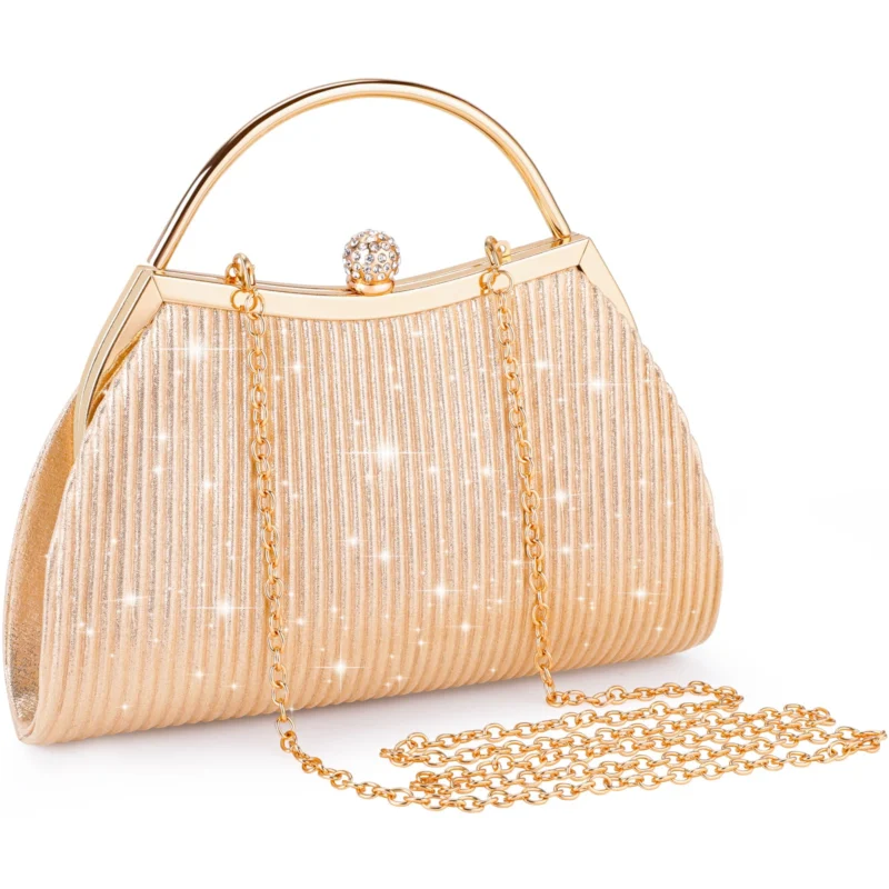 Clutch, evening bag with rhinestone clasp and detachable chain, glitter bag chain bag