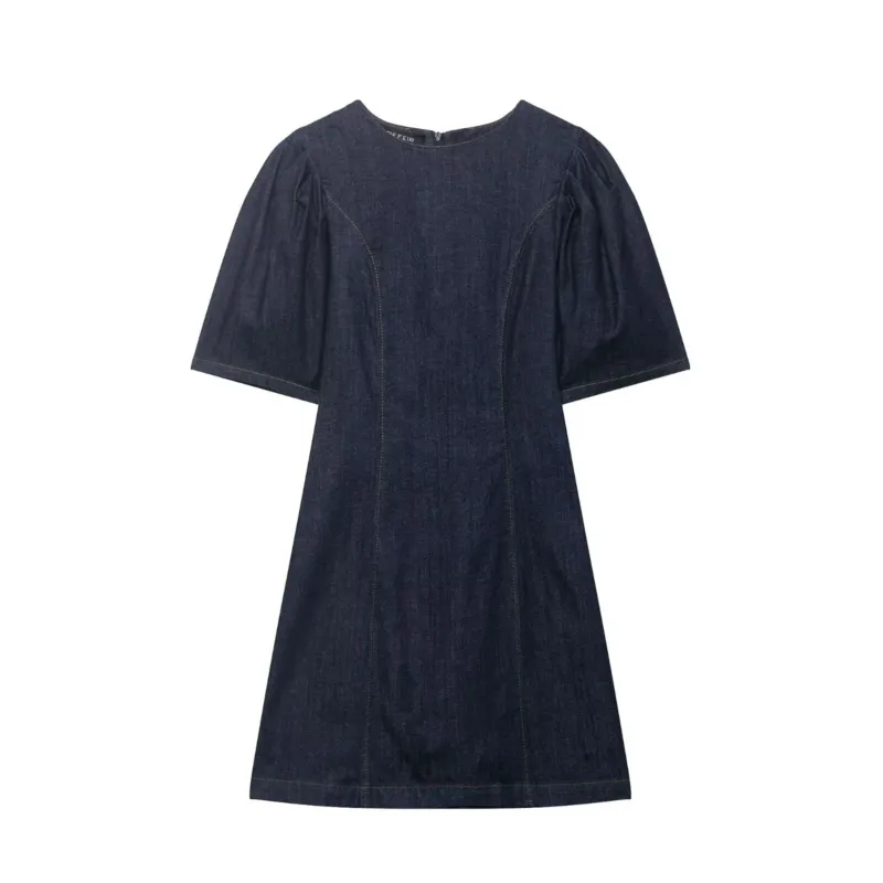 Damen A‑Linien Jeanskleid mit Puffärmeln und figurbetonten Abnähern Echoarchiv